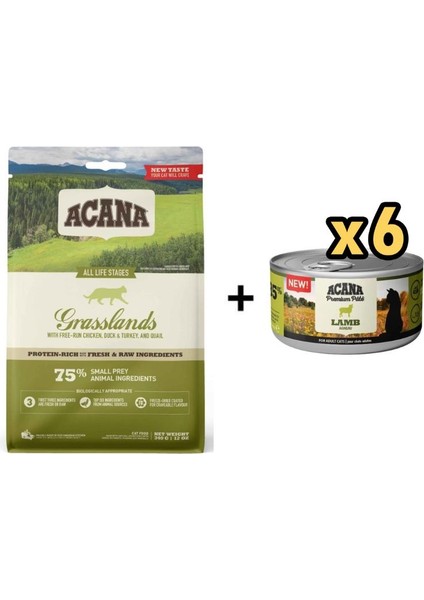 Grasslands Ördekli ve Tavuklu Tahılsız Kedi Maması 1,8kg + 6 Adet Acana Premium Kuzulu Ezme Kedi Konservesi 85 gr