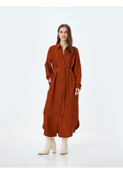 Kemerli Uzun Kollu Viskon Uzun Gömlek Elbise fiyatları