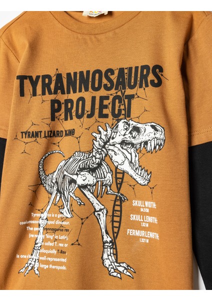 T-Shirt Dinozor Baskılı Uzun Kollu Bisiklet Yaka Pamuklu