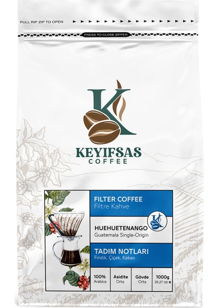 Keyifsas Coffee Guatemala Huehuetenango Filtre Kahve 1 kg Çekirdek Veya Öğütülmüş