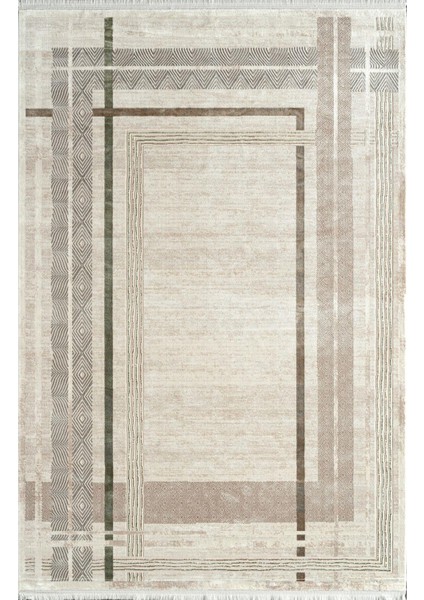 Voyage KJ06B Krem Kahve Viskon Akrilik Yumuşak Dokulu Modern Çizgili Halı