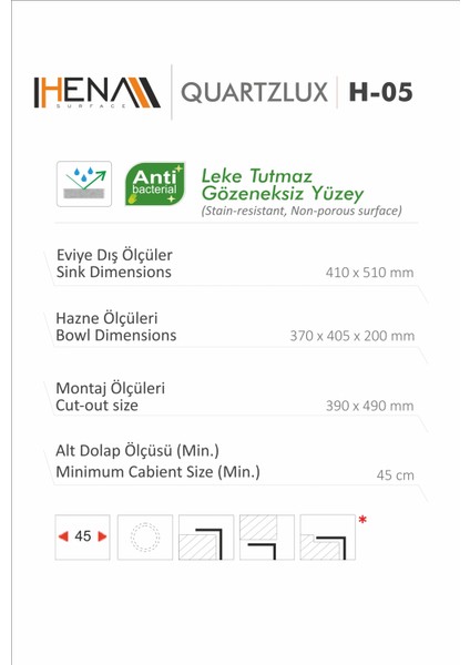 Granit Eviye Tek Gözlü Beyaz 51 x 41 Kuvars modelleri