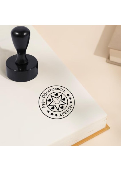 Kişiye Özel Siyah Kemik Öğretmen Kaşesi Kitap Mührü ve Istampa Set R5814-13