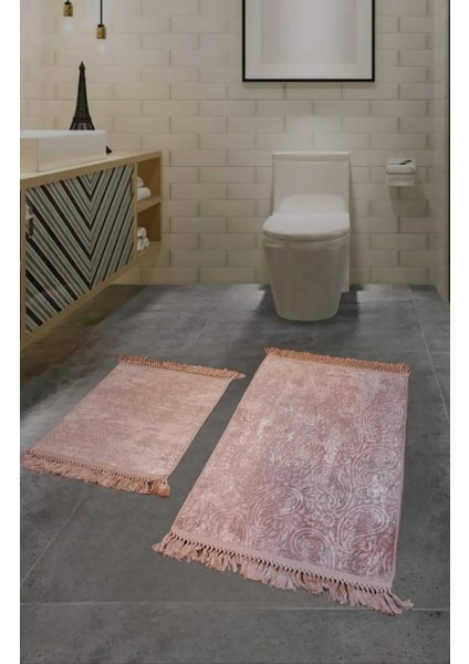 2li Saçaklı Dokuma Kaymaz Tabanlı Banyo Takımı Pembe