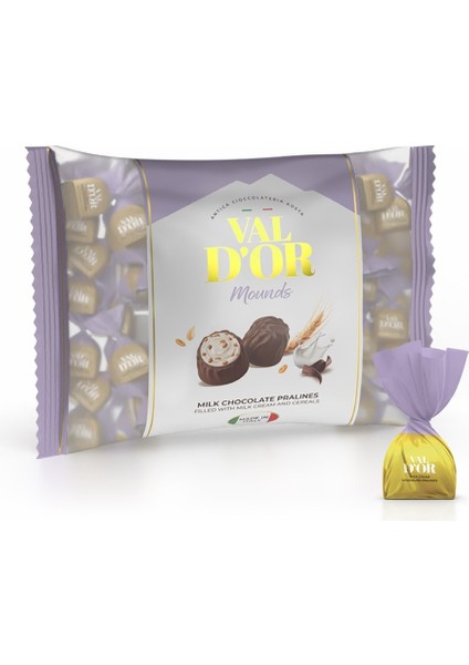 Val D’or Mounds 500gr. (1 Lila Poşet) Sütlü Krema Dolgulu Sütlü Çikolata Tahıl Patlaklı