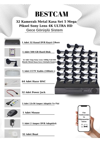 32 Kameralı Metal Kasa Set 5 Mega Piksel Sony Lensli 4K Ultra Hd Gece Görüşlü Sistem 500 GB Hard Disk