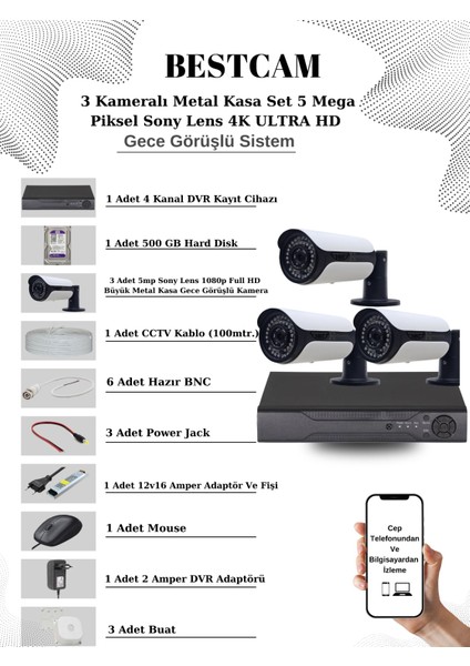 3 Kameralı Metal Kasa Set 5 Mega Piksel Sony Lensli 4K Ultra Hd Gece Görüşlü Sistem 500 GB Hard Disk