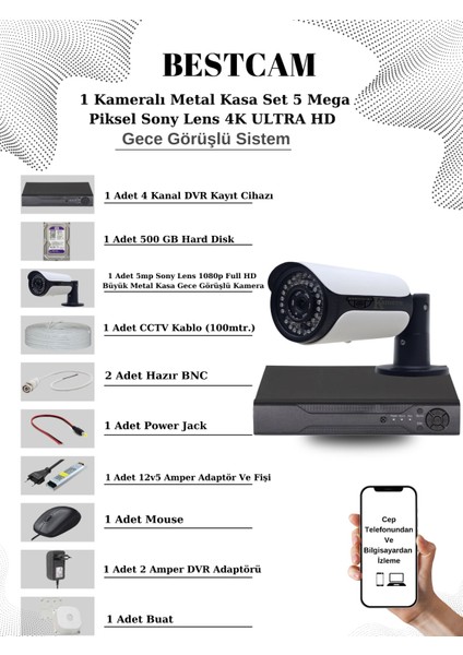 1 Kameralı Metal Kasa Set 5 Mega Piksel Sony Lensli 4K Ultra Hd Gece Görüşlü Sistem 500 GB Hard Disk