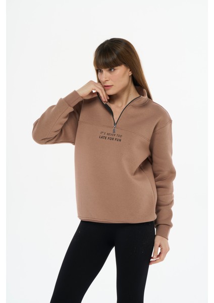 Kadın Pamuklu Içi Polarlı Yarım Fermuarlı Sweatshirt