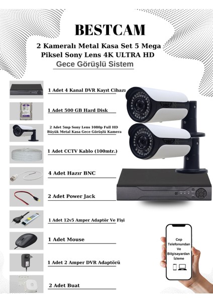 2 Kameralı Metal Kasa Set 5 Mega Piksel Sony Lensli 4K Ultra Hd Gece Görüşlü Sistem 500 GB Hard Disk