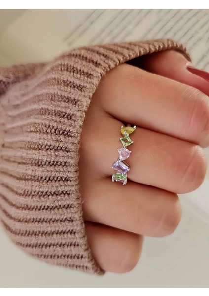 Pastel Renkli Çapraz Figürlü Gümüş Silver Renk Kemik Yüzük