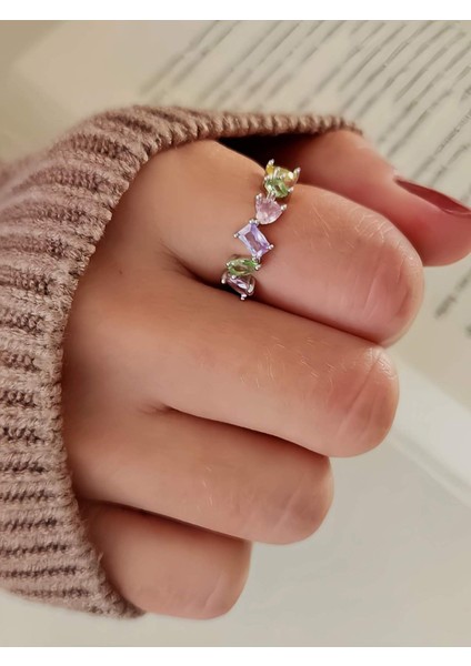 Pastel Renkli Çapraz Figürlü Gümüş Silver Renk Kemik Yüzük fiyatları