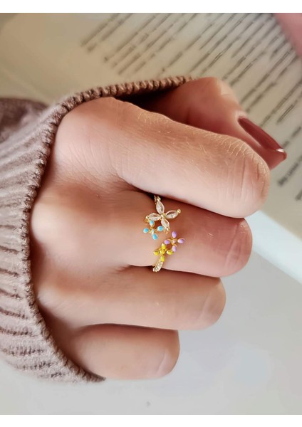 Çiçek Model Taşlı Silver Mineli Altın Kaplama Gold Kemik Yüzük