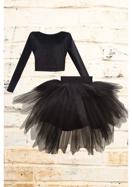 Uzun Kollu Kadife Üst ve Tütü Etek Çocuk Takımı - 1-10 Yaş - Siyah