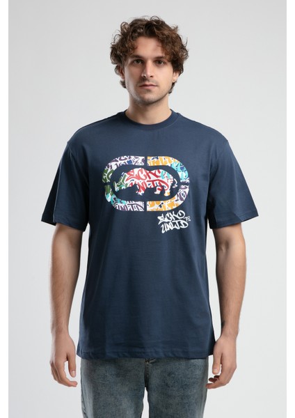 ECKO UNLTD Kıngston Lacivert Bisiklet Yaka Baskılı Oversize Erkek Tshirt