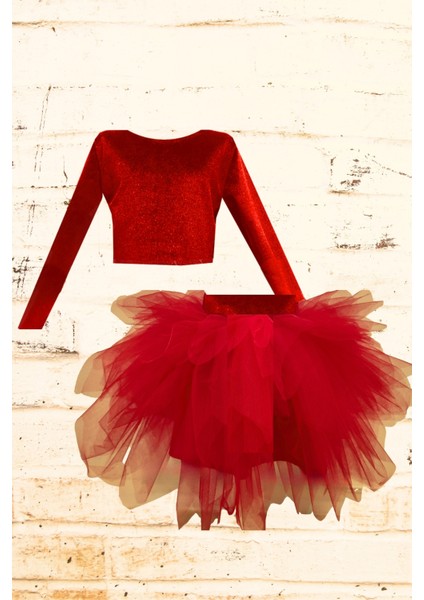 Uzun Kollu Kadife Üst ve Tütü Etek Çocuk Takımı - 1-10 Yaş - Kırmızı