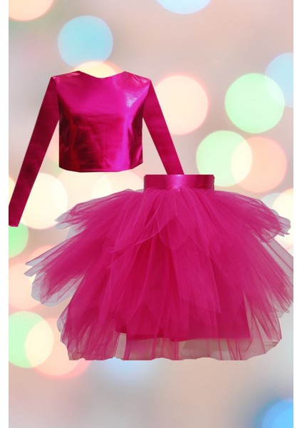 Uzun Kollu Crop ve Tütü Etek Çocuk Takımı - 1-10 Yaş - Fuşya