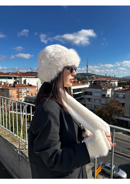 Luxury Moğol Kalpak Mıknatıslı Peluş Boyunluk Kürk Detaylı Yün Eldiven 3'li Set Takım