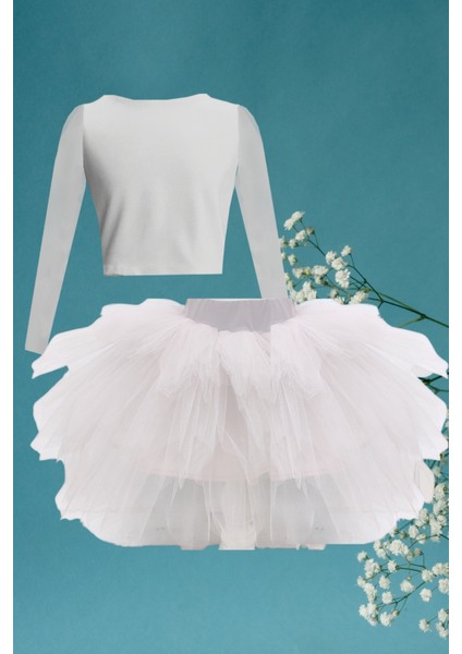 Uzun Kollu Crop ve Tütü Etek Çocuk Takımı - 1-10 Yaş - Beyaz