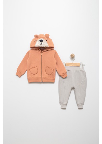Erkek Bebek Kiremit 6 Ay Pamuklu Şardonlu 3 Ip Sweatshırt Jogger Takım