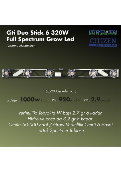 Citi 6 Duo Stick 320W Full Spectrum Grow LED Lamba