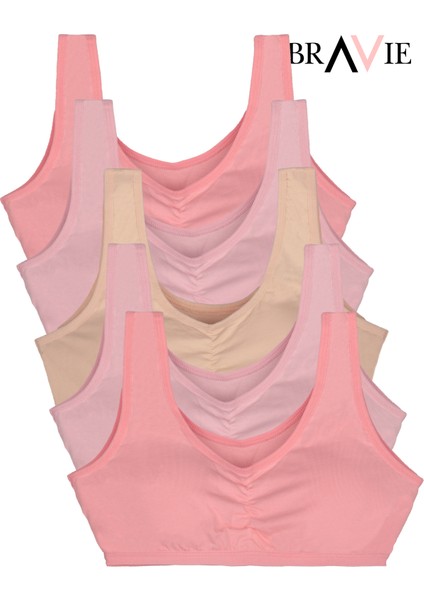Geniş Askılı Yumuşak Süngerli Kız Çocuk Pamuk Büstiyer 5'li Paket 2 Pembe- 2toz Pembe- Somon