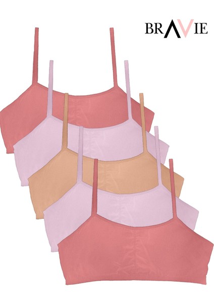 Ip Askılı Yumuşak Süngerli Kız Çocuk Pamuk Büstiyer 5'li Paket 2 Pembe-2 Toz Pembe-1 Somon