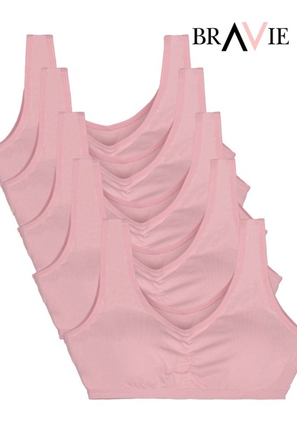 Geniş Askılı Yumuşak Süngerli Kız Çocuk Pamuk Büstiyer 5'li Paket Toz Pembe