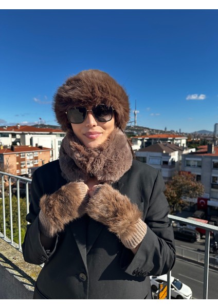 Luxury Moğol Kalpak Mıknatıslı Peluş Boyunluk Kürk Detaylı Yün Eldiven 3'li Set Takım