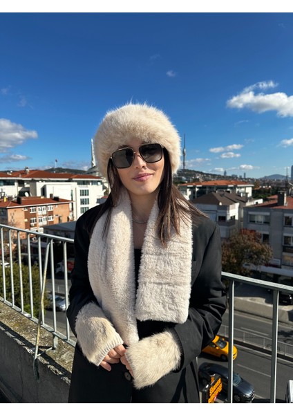 Luxury Moğol Kalpak Mıknatıslı Peluş Boyunluk Kürk Detaylı Yün Eldiven 3'li Set Takım