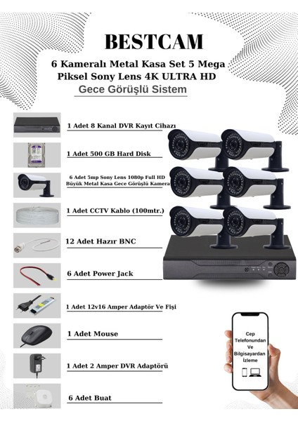 6 Kameralı Metal Kasa Set 5 Mega Piksel Sony Lensli 4K Ultra Hd Gece Görüşlü Sistem 500 GB Hard Disk