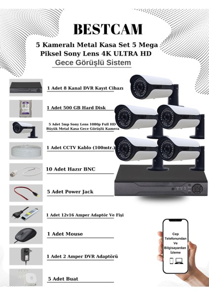 5 Kameralı Metal Kasa Set 5 Mega Piksel Sony Lensli 4K Ultra Hd Gece Görüşlü Sistem 500 GB Hard Disk