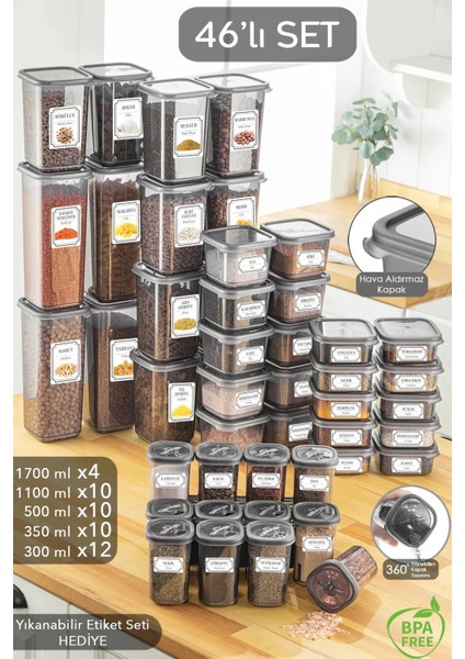 Nia 92 Parça Kare Erzak ve Bakliyat Saklama Kabı Baharat Seti 12X300ML 10X(350ML500ML1100ML)4X1700ML