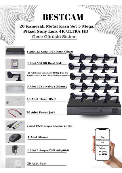 20 Kameralı Metal Kasa Set 5 Mega Piksel Sony Lensli 4K Ultra Hd Gece Görüşlü Sistem 500 GB Hard Disk