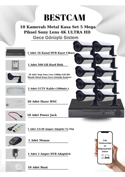 10 Kameralı Metal Kasa Set 5 Mega Piksel Sony Lensli 4K Ultra Hd Gece Görüşlü Sistem 500 GB Hard Disk