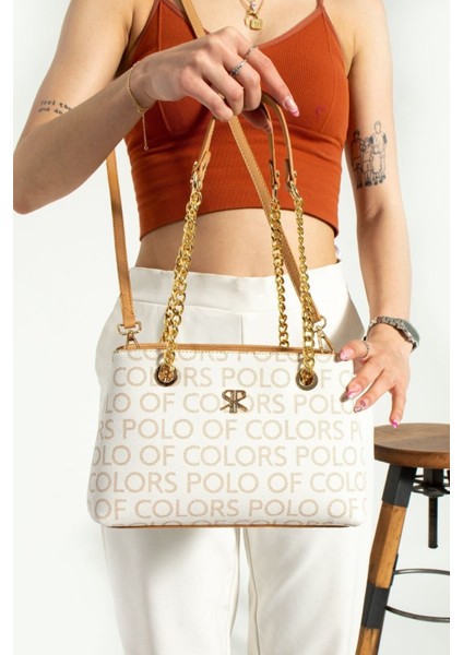 Polo Of Colors Kadın Krem Monogram 4 Bölmeli Omuz ve Çapraz Çantası