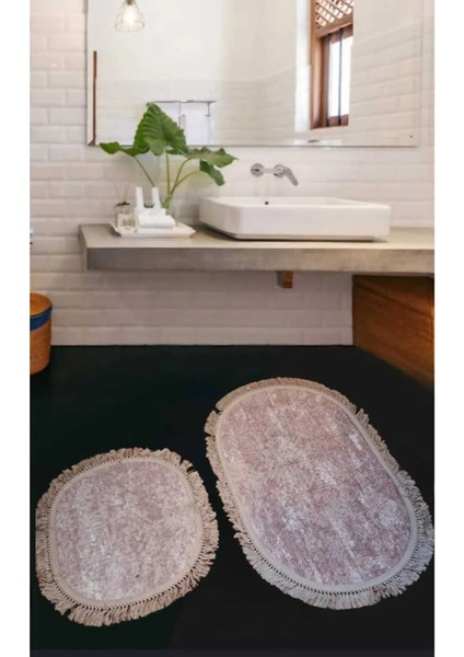 2li Saçaklı Dokuma Kaymaz Tabanlı Banyo Takımı Pembe