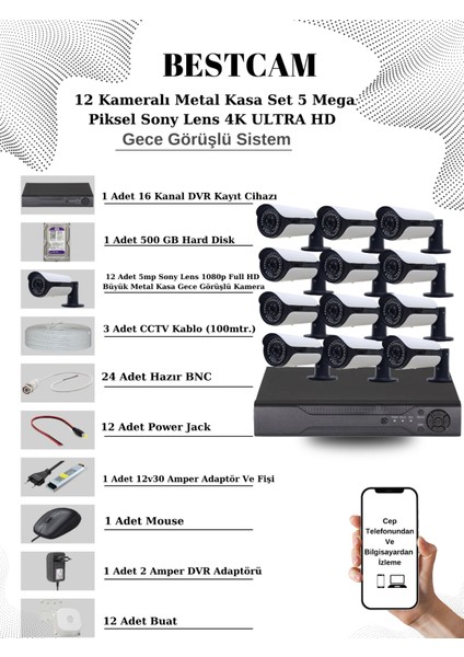 12 Kameralı Metal Kasa Set 5 Mega Piksel Sony Lensli 4K Ultra Hd Gece Görüşlü Sistem 500 GB Hard Disk