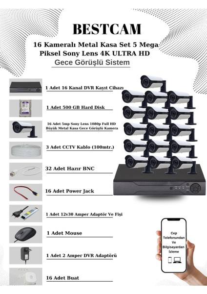 16 Kameralı Metal Kasa Set 5 Mega Piksel Sony Lensli 4K Ultra Hd Gece Görüşlü Sistem 500 GB Hard Disk