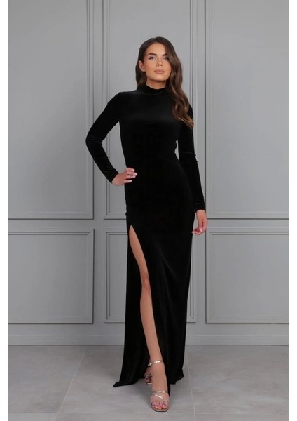 Kadın Uzun Kollu Yarım Balıkçı Yaka Derin Yırtmaç Detay Krep Tam Boy Elbise fırsatları