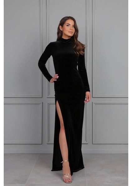 Kadın Uzun Kollu Yarım Balıkçı Yaka Derin Yırtmaç Detay Krep Tam Boy Elbise indirimleri