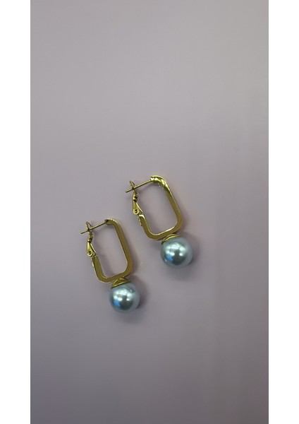 ÇELİK Mavi Top İnci Sallantılı Gold Küpe
