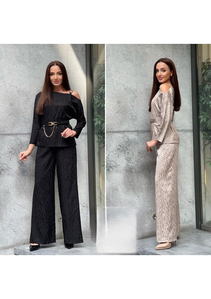 Favori Tekstil Yeni Sezon Jakarlı Omuz Dekolteli Aksesuarlı Ikili Takım modelleri