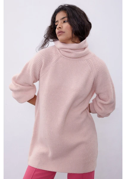 Pembe Balıkçı Yaka Oversize Triko Tunik SWK4299PE