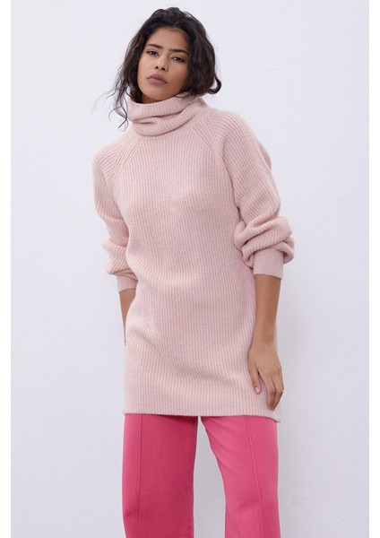 Pembe Balıkçı Yaka Oversize Triko Tunik SWK4299PE