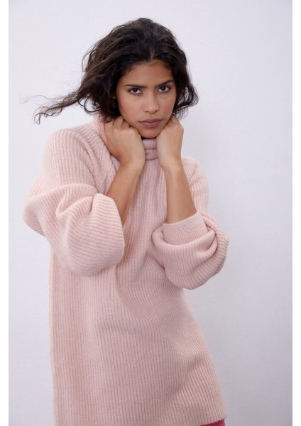 Pembe Balıkçı Yaka Oversize Triko Tunik SWK4299PE