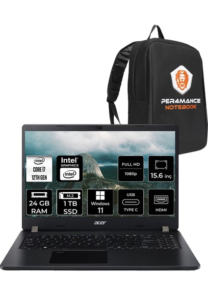 Travelmate P2 Intel Core I7 1255U 24GB 1tb SSD 15.6'' Fhd W11H Taşınabilir Bilgisayar & Per4 Çanta NXVVREY001P373