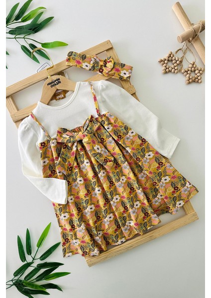 Fiyok Detaylı Kız Çocuk Çiçek Desenli penye elbise - Hardal