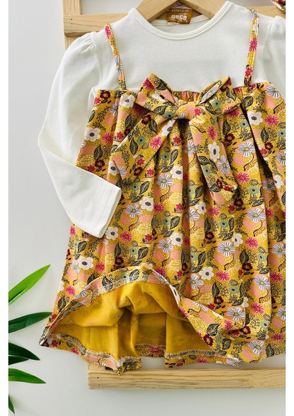 Fiyok Detaylı Kız Çocuk Çiçek Desenli penye elbise - Hardal fiyatları