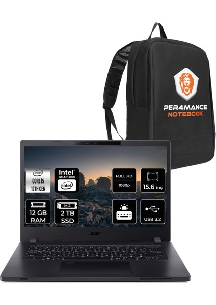 Travelmate P2 Intel Core I5 1235U 12GB 2tb SSD 15.6'' Fhd Fdos Taşınabilir Bilgisayar & Per4 Çanta NXVVREY002P309